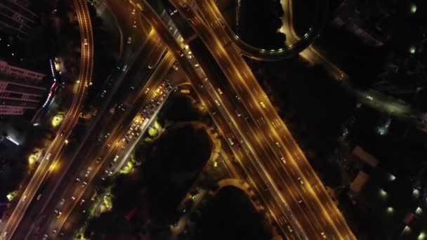 Air View Highway Overpass Traffic Interchange Night Guangzhou China — стокове відео