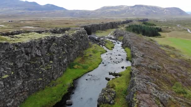 Drone Luchtfoto Dag Silfra Canyon Het Nationaal Park Thingvellir Ijsland — Stockvideo