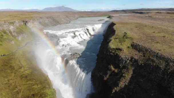 Strzał Drona Wodospadu Gullfoss Tęczy Golden Circle Islandia Widok Lotu — Wideo stockowe