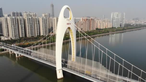 Guangzhou China Drone Imagens Aéreas Famosa Ponte Liede Marco Centro — Vídeo de Stock