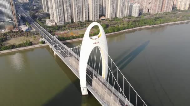 Guangzhou China Drone Imagens Aéreas Famosa Ponte Liede Marco Centro — Vídeo de Stock