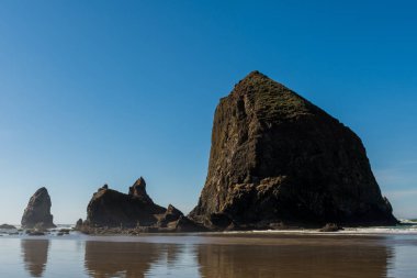 Sayısı büyük Haystack rock top Beach, Oregon, ABD.