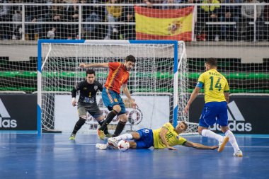 Indoor footsal match of national teams of Spain and Brazil at the Multiusos Pavilion of Caceres clipart