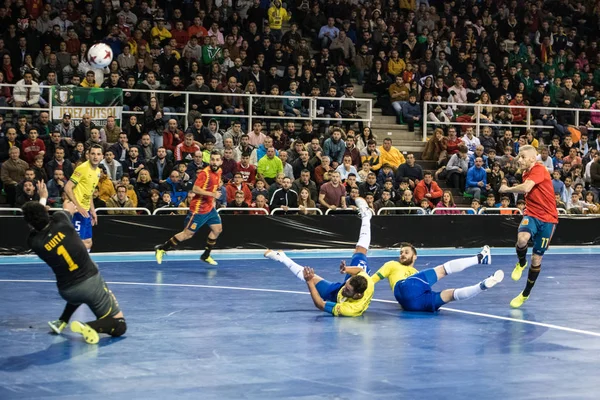 Indoor footsal match of national teams of Spain and Brazil at the Multiusos Pavilion of Caceres — Stock Photo, Image