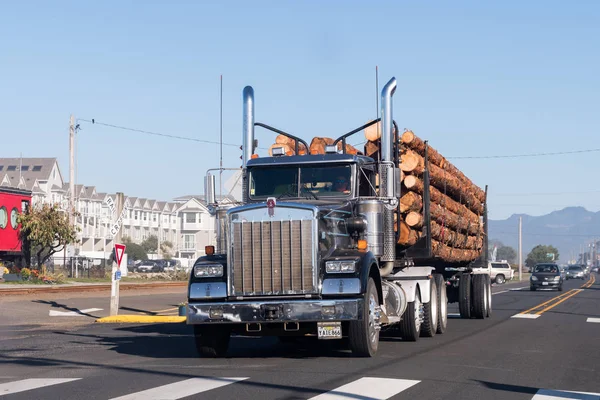 A large truck transports large trunks on the coast of Oregon, USA. — Stock Photo, Image