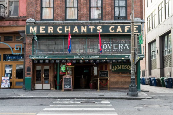 Principal facade of Merchants Cafe, the oldest bar in Seattle, Washington, USA.