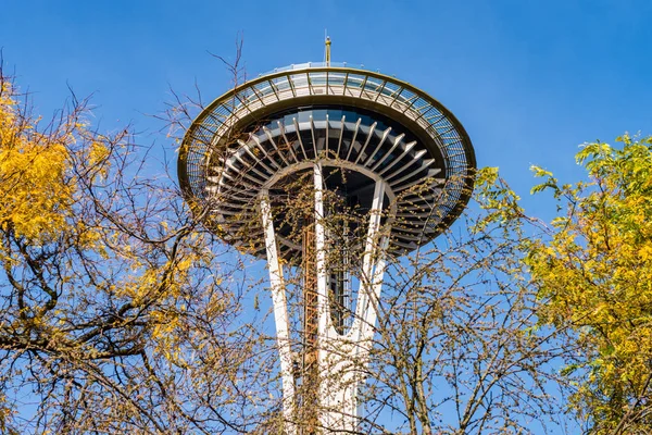 Rymdnålen ses mellan trädet grenar av rymden Needle Park i Seattle — Stockfoto