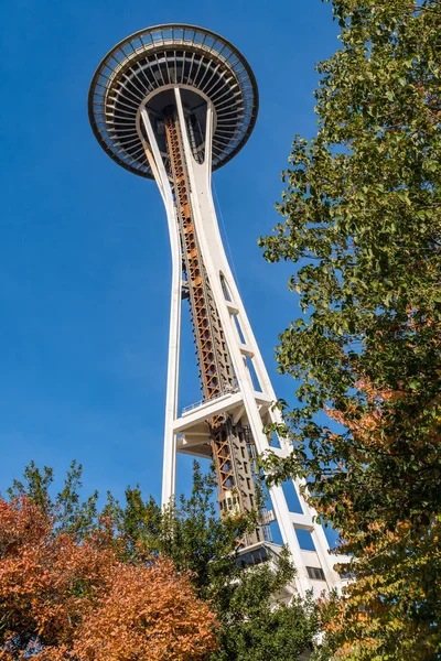 A agulha espacial vista entre os ramos das árvores do Space Needle Park em Seattle — Fotografia de Stock