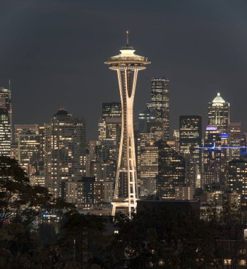 Uzay Iğne ve arka planda diğer ikonik binalar ile Seattle silüetinin gece görünümü.