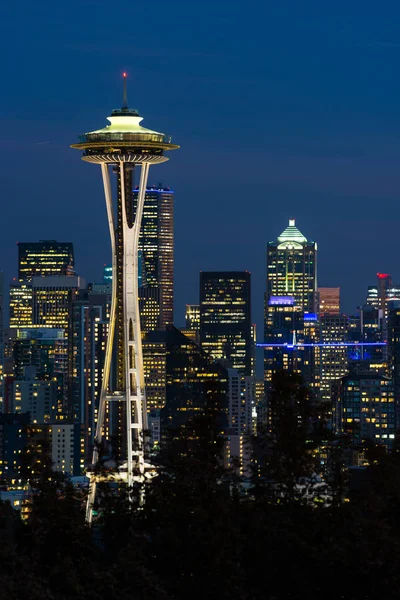 Nattvyn över Seattle skyline med Rymdnålen och andra ikoniska byggnader i bakgrunden. — Stockfoto