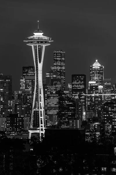 Schwarz-Weiß-Bild der Seattle Space Nadel und anderer symbolträchtiger Gebäude im Hintergrund — Stockfoto