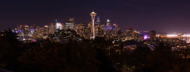 Uzay Iğnesi ve arka planda diğer ikonik binalar ile Seattle silüetinin panoramik gece görünümü.