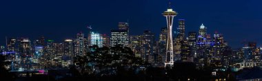 Uzay Iğnesi ve arka planda diğer ikonik binalar ile Seattle silüetinin panoramik gece görünümü.