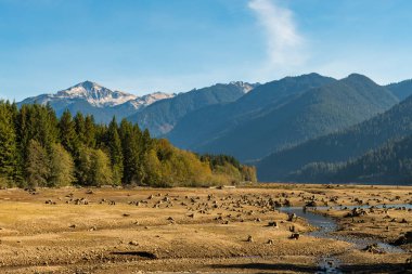 Kuru Baker Gölü su arka planda dağlar ve orman ile görünür bıraktı toprağa ağaç kütükleri ile