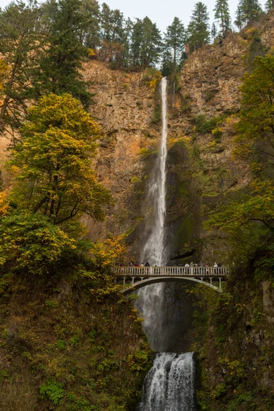 Fullständig bild av båda nivåerna av Multnomah vattenfallet och bron mellan dem ligger i Columbia River Gorge — Stockfoto
