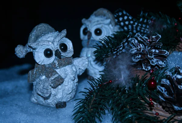White Owls Christmas Decorative Background — Stock Photo, Image