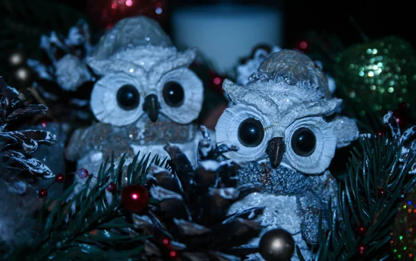 White Owls Christmas Decorative Background — Stock Photo, Image