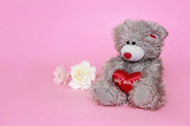 Sevgililer günü için pembe arka plan üzerinde çiçekli gri oyuncak ayı