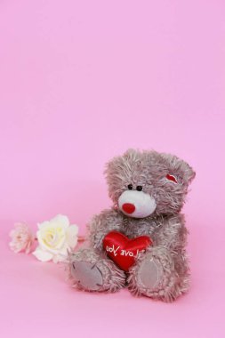 Dekoratif gri oyuncak ayı Tatil Sevgililer günü için pembe arka plan üzerinde