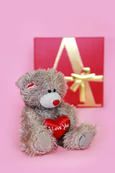 decorative gray teddy bear on pink background for the holiday Valentine\'s Day
