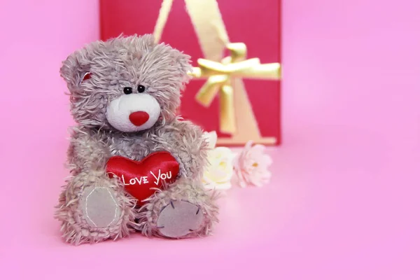 decorative gray teddy bear on pink background for the holiday Valentine's Day