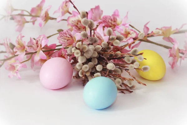Розово Желтые Голубые Яйца Фоне Ивы Цветов Празднику Пасхи — стоковое фото