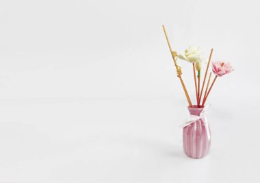 seramik pembe vazo içinde aromaterapi için ahşap çubuklar