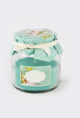 mavi mum ile bir mum dekoratif cam kavanoz