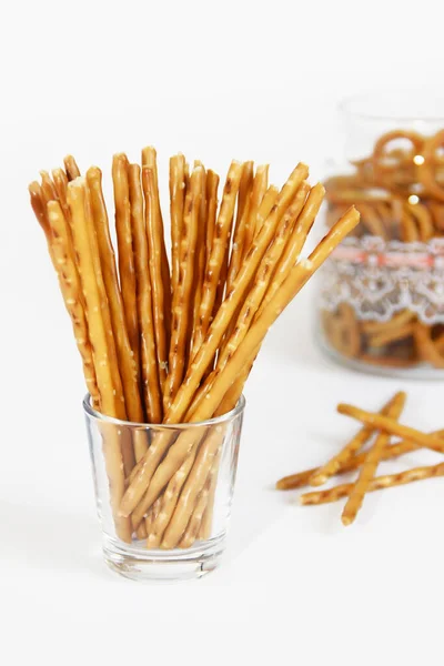 Edible Dry Snacks Sticks Bagels Decorative Jar — Stock Photo, Image