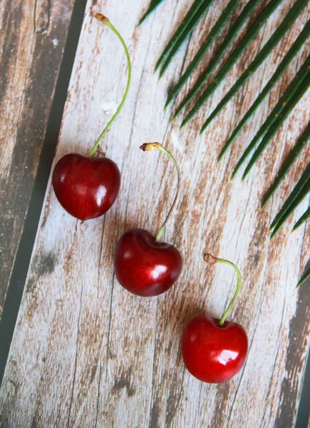 Natural Red Cherry Fruit Wooden Background — Stock Photo, Image