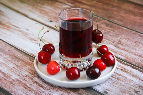 Cherry Drink Glass Natural Cherry Fruits — Stock Photo, Image