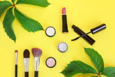 Dekoratif makyaj malzemeleri, ruj, göz farı ve makyaj fırçaları.