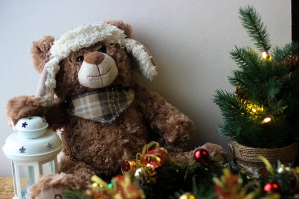 Fondo Navidad Con Oso Peluche —  Fotos de Stock