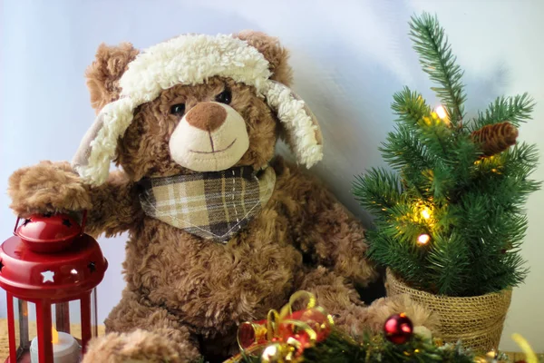 Cute toy bear holding a paw on a red lantern on a white background. In the frame, you can see a small Christmas tree with ornaments.