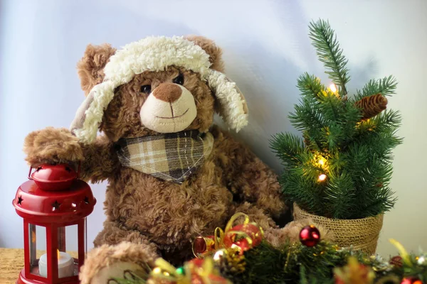 Cute toy bear holding a paw on a red lantern on a white background. In the frame, you can see a small Christmas tree with ornaments.