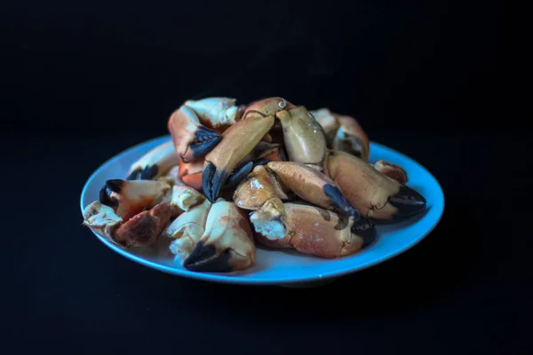 Pinces Crabe Côte Atlantique Sur Une Plaque Dans Fond Noir — Photo