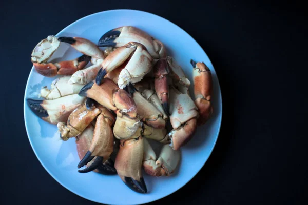 Krab Claws Van Atlantische Kust Een Plaat Zwarte Achtergrond — Stockfoto