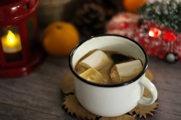 Coffee Marshmallow White Cup Blurred Wooden Background Frame View Red — Stock Photo, Image