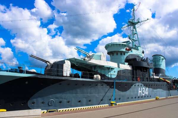 Gdynia, Poland - May 4, 2014: Polish warship museum battleship destroyer "Blyskawica" moored to the wharf. This ship participated in the activities of the II World War.