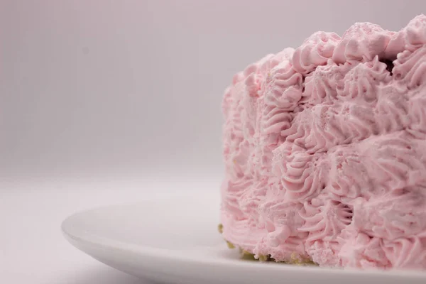 Piece Cream Pink Cake Plate White Gray Background Image Copy — Stock Photo, Image