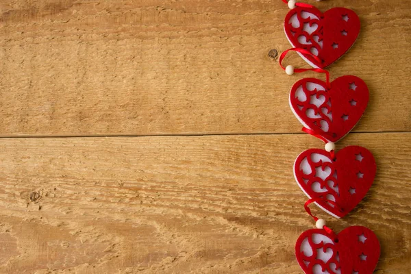 Old Wooden Background Four Hearts Made Artificial Fleece Copy Space — Stock Photo, Image