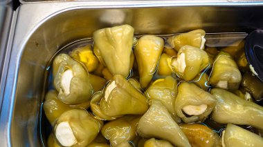 Zeytin salata barı ile muhteşem arka plan. Sağlıklı foo