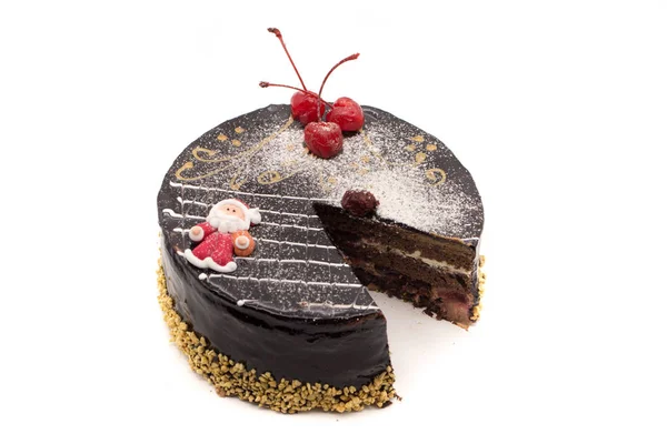 Deliziosa torta al cioccolato, ciliegie decorate e zucchero Santa an — Foto Stock