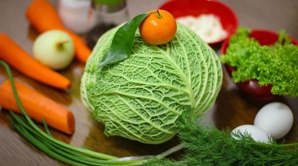 Ingrediënten Voor Een Heerlijke Salade Kool Wortelen Saladebladeren Peterseliegroen Uien — Stockfoto