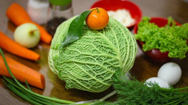 Ingrediënten Voor Een Heerlijke Salade Kool Wortelen Saladebladeren Peterseliegroen Uien — Stockfoto
