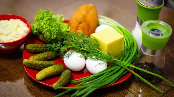 Bahan Bahan Untuk Membuat Salad Lezat Telur Ayam Rebus Dan — Stok Foto