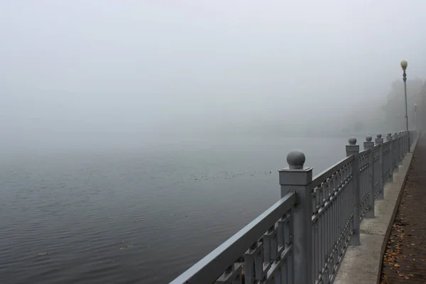 Seeufer Mit Einem Metallzaun Über Dem See Liegt Dichter Nebel — Stockfoto