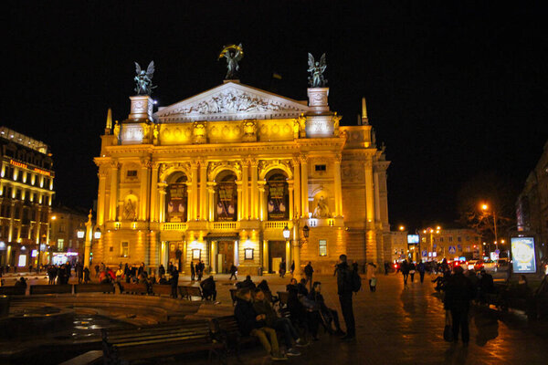 Lviv, Ukraine - December 12, 2017: The Lviv Opera House Is Illuminated By Additional Illumination In The Evening