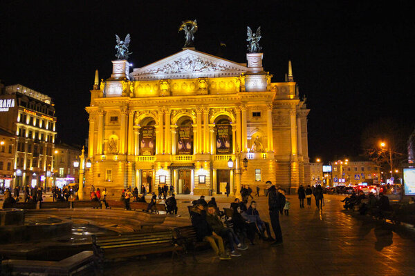 Lviv, Ukraine - December 12, 2017: The Lviv Opera House Is Illuminated By Additional Illumination In The Evening