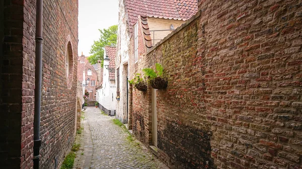 Empty Narrow Medieval Street Brick Houses Bruges Belgium — Stock Photo, Image